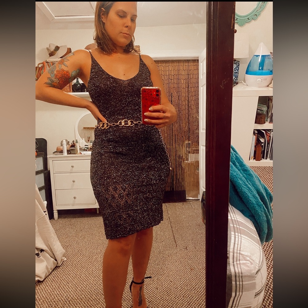 1990s Black Sparkle Slip Dress